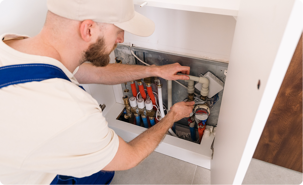 Plumber fixing pipes in cabinet