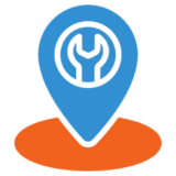 Wrench inside a blue location pin icon